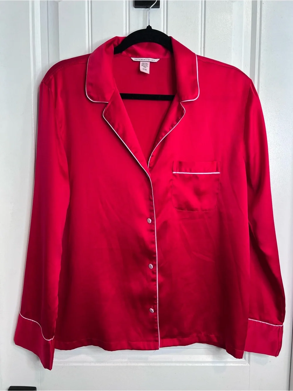 Victoria's Secret Bright Red Satin Pajama Set White Piping Trim. Size Small.